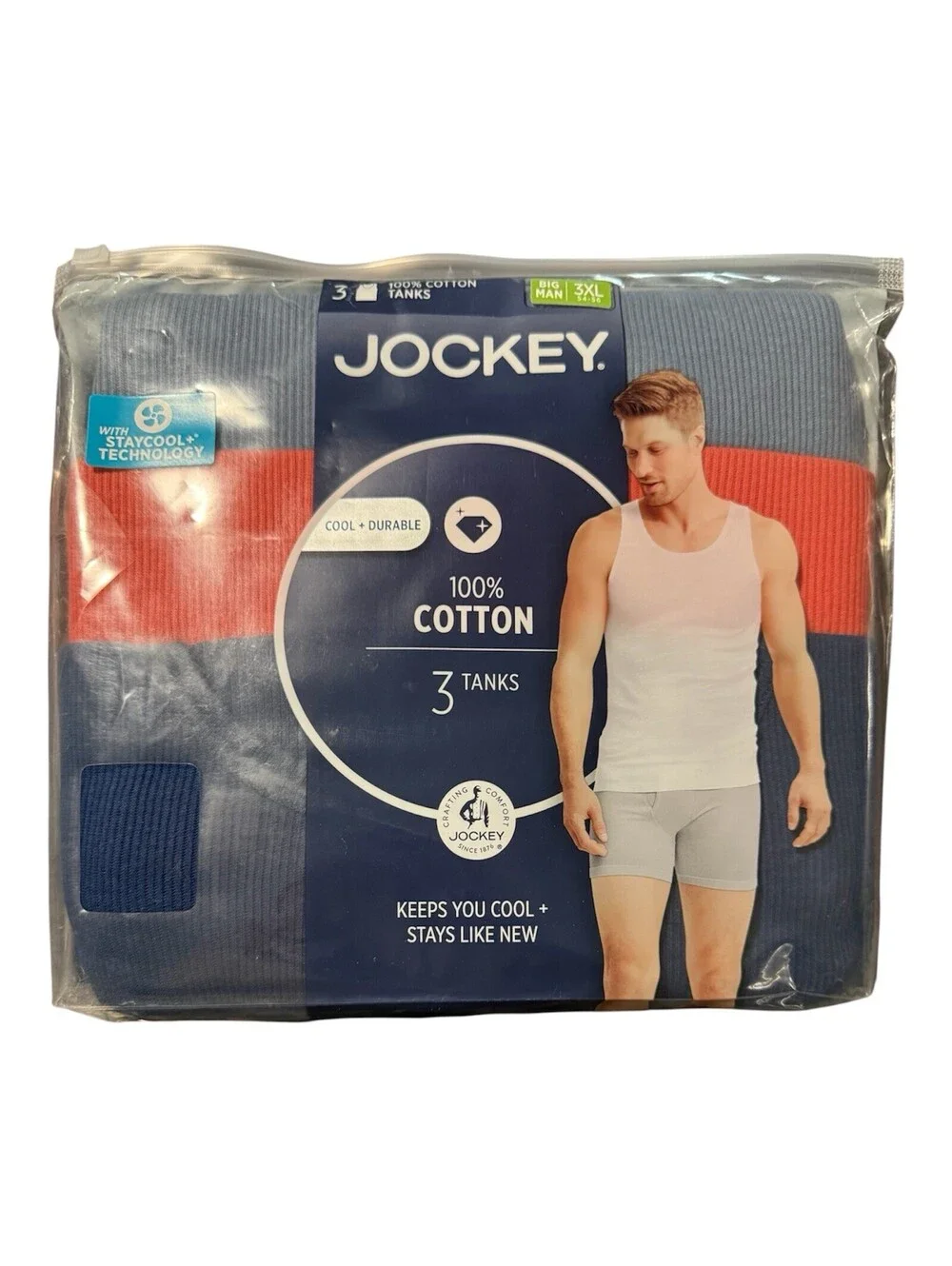 Jockey 3XL Big Man 100% Cotton Tanks 3 Pack New! Blue, Navy And Coral Colors